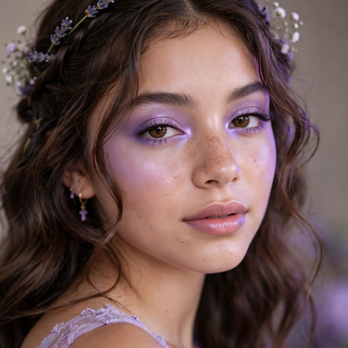 Dreamy lilac makeup giving quinceanera a soft purple glow