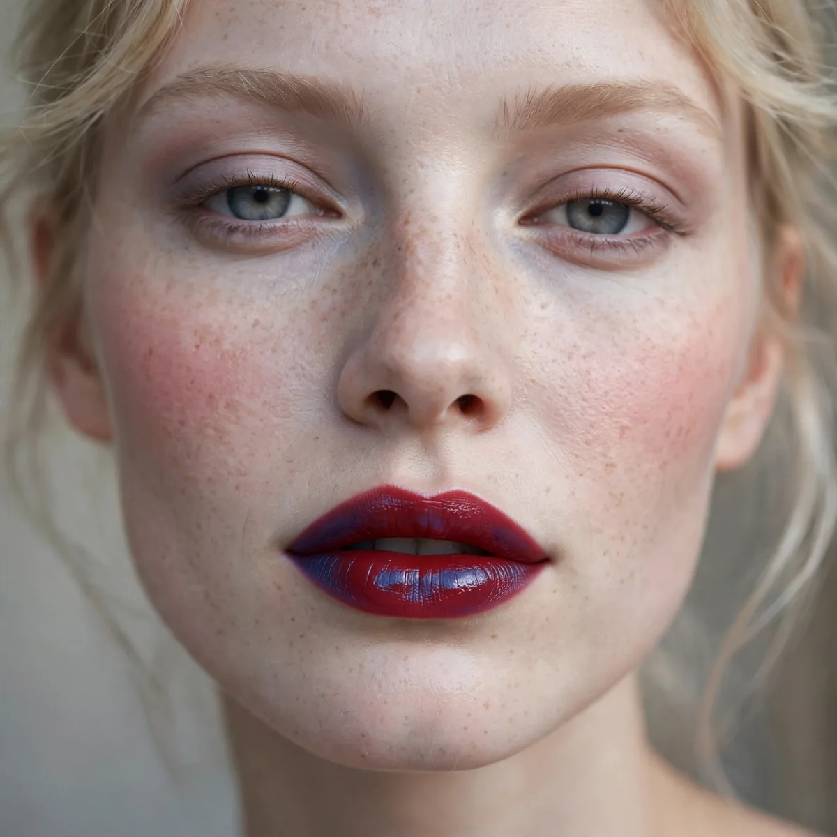 Blue red lipstick on fair skin