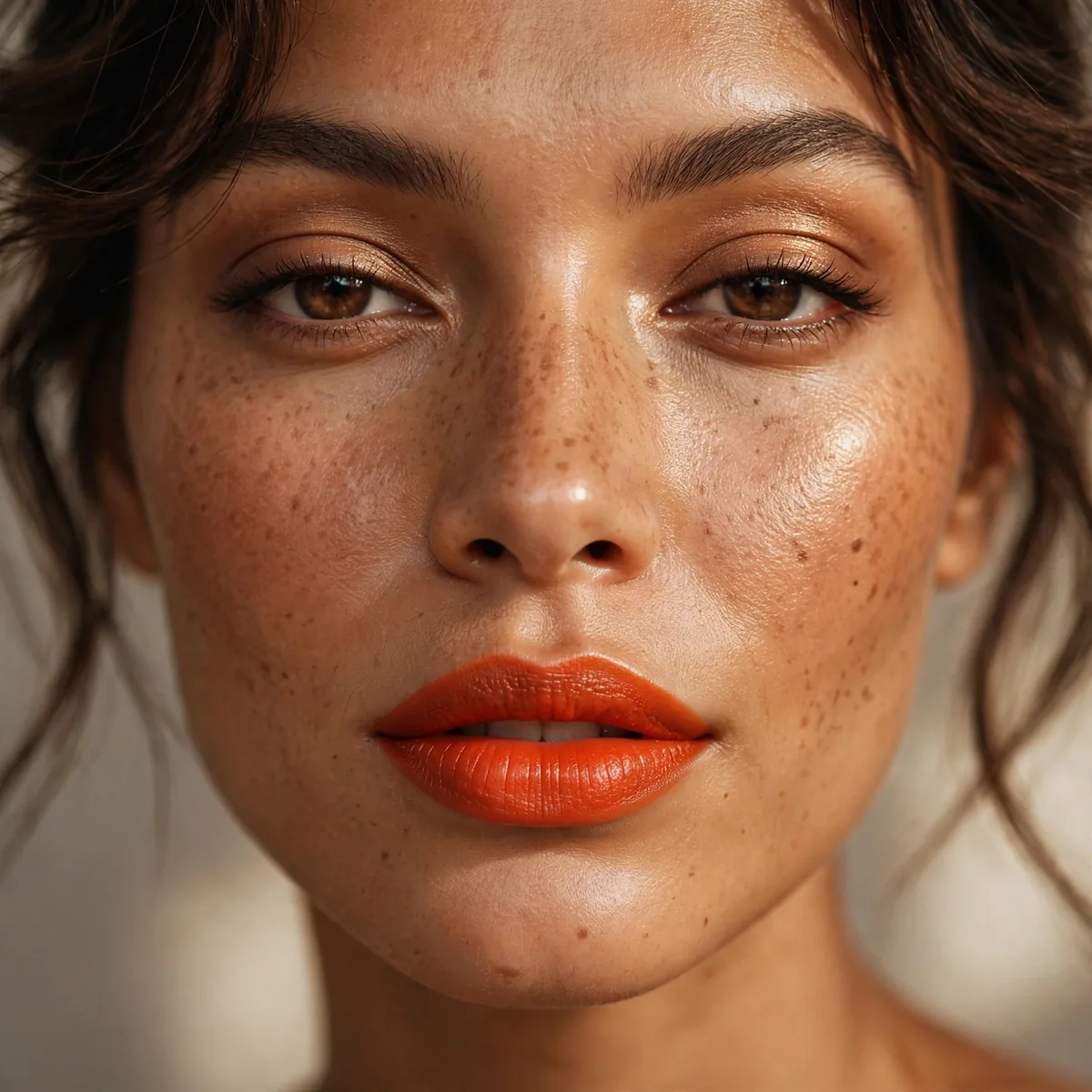 Orange red lipstick on warm skin