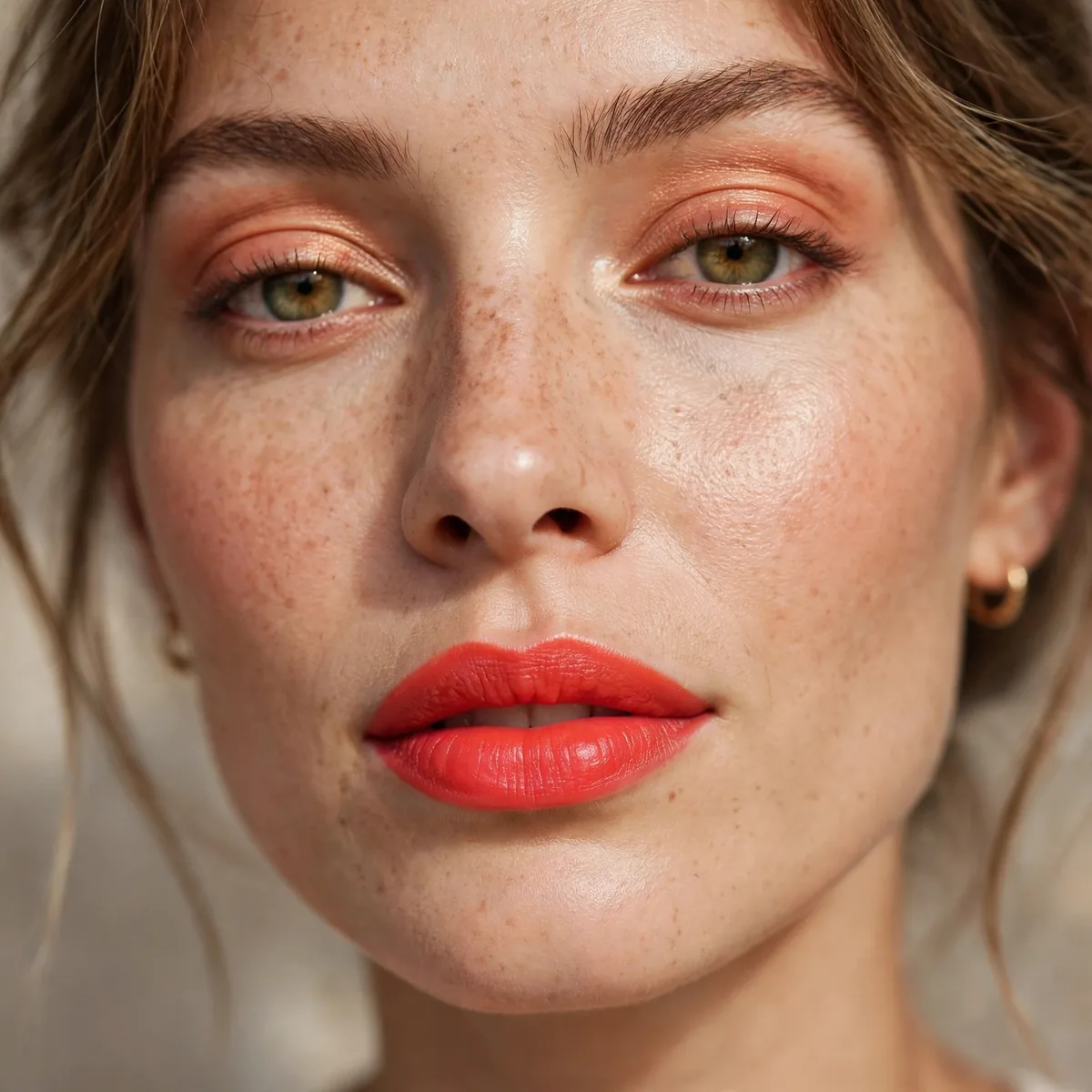 Bright coral red lipstick