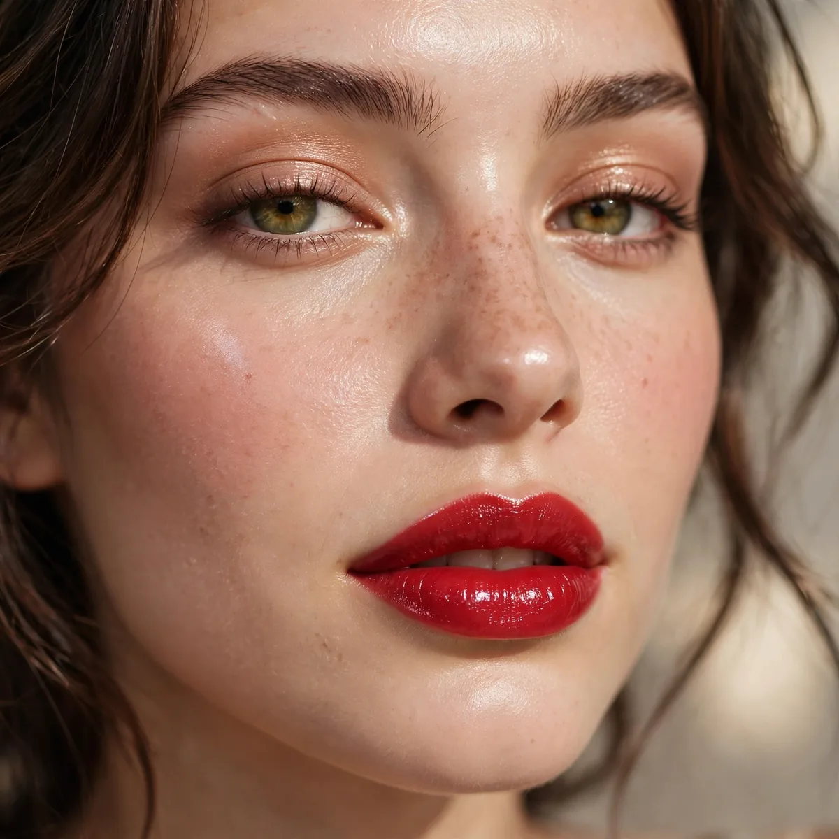 Glossy red lipstick fresh look