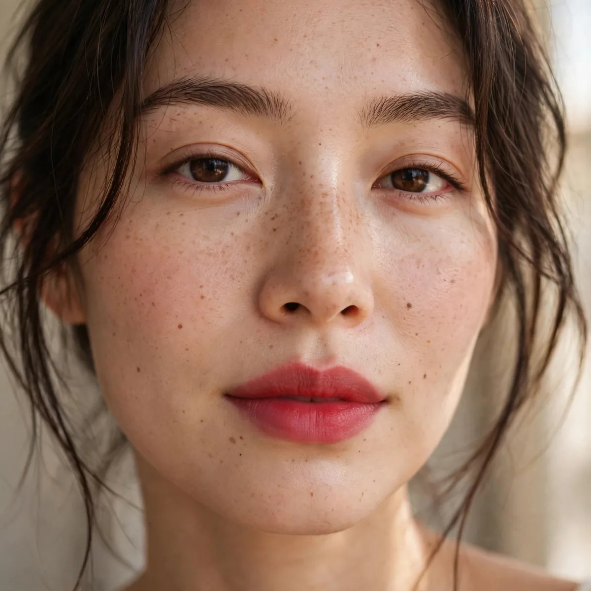 Blotted red lipstick daytime look