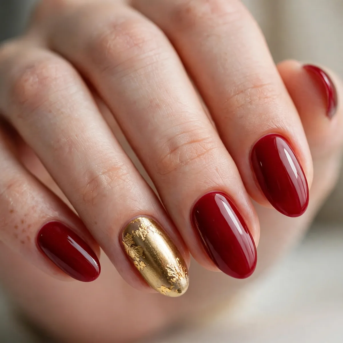 Red nails with gold accent nail