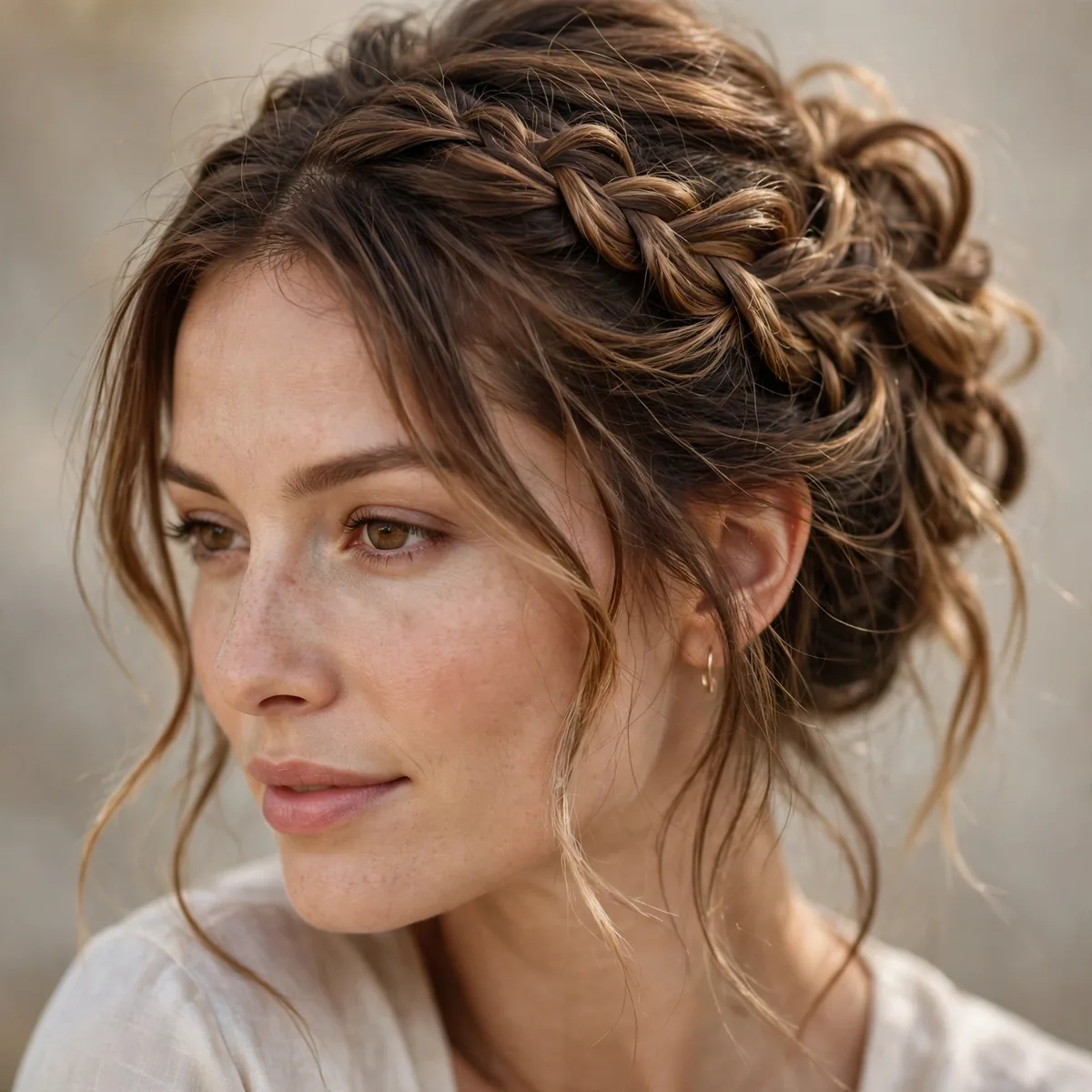 Loose braid woven into a romantic updo