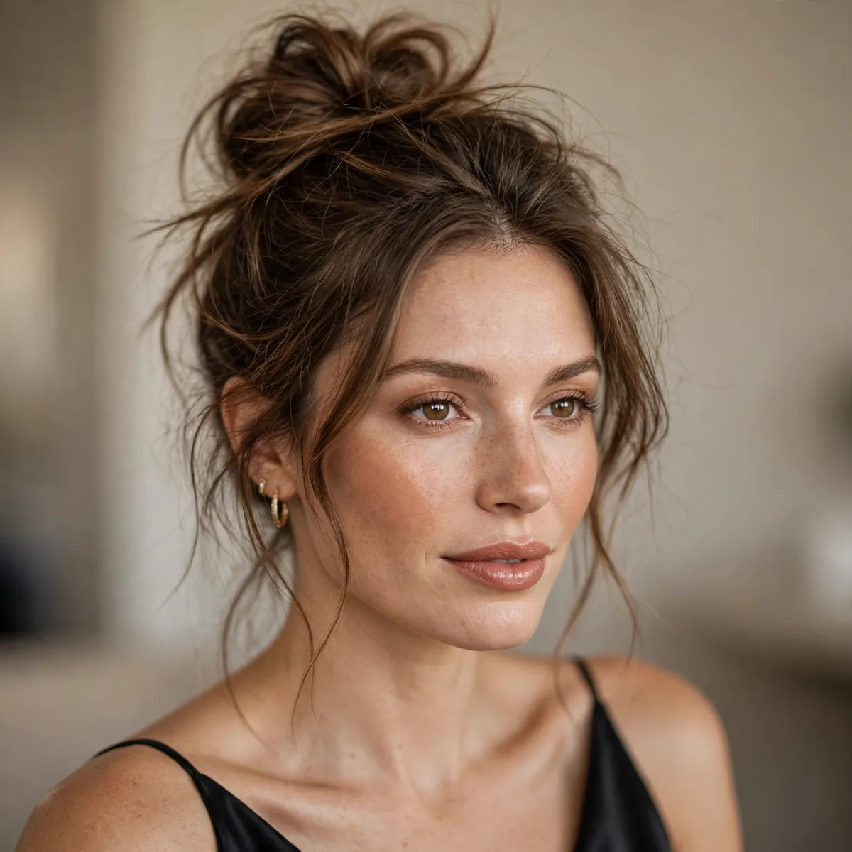 Elevated messy top knot for date night