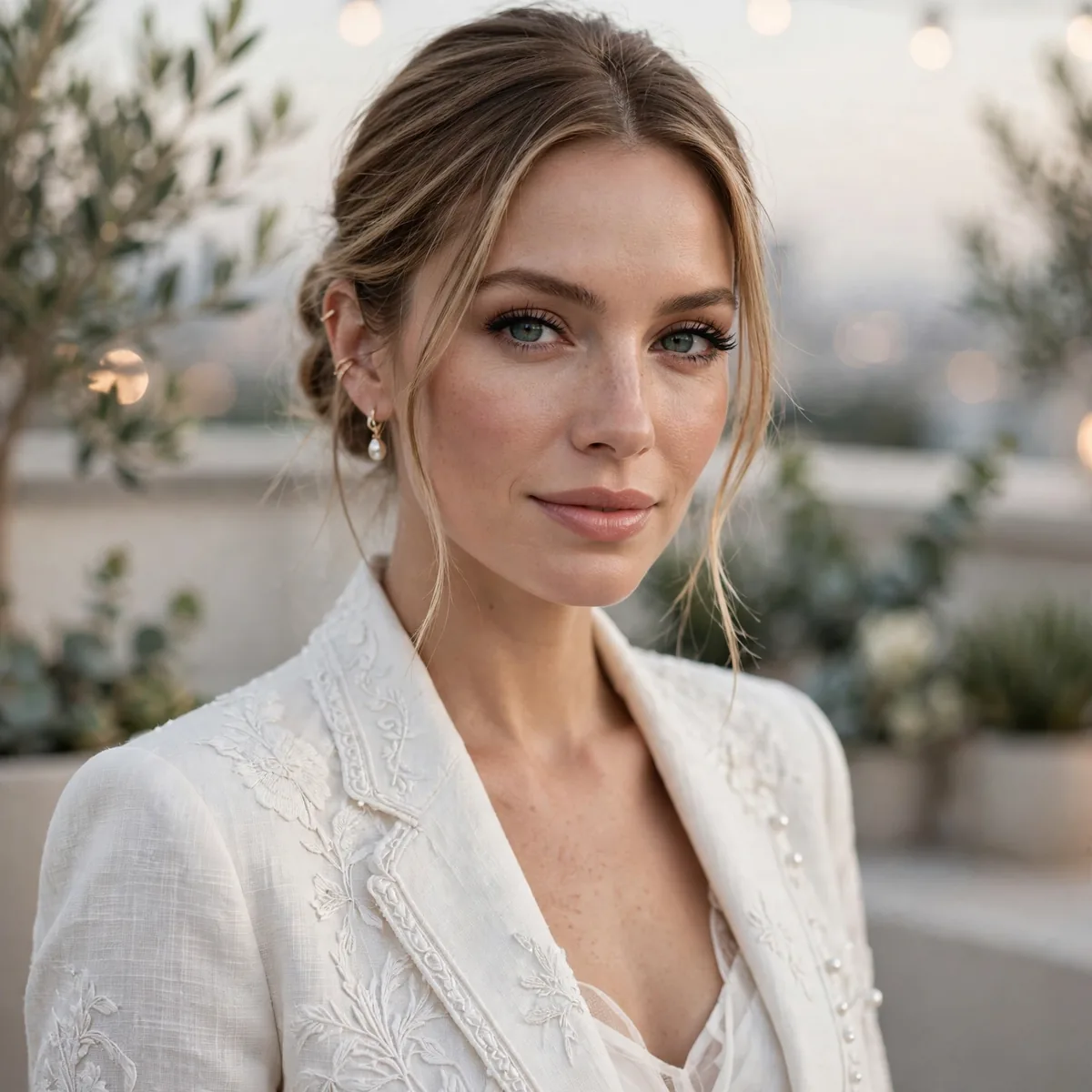 White outfit for rooftop party