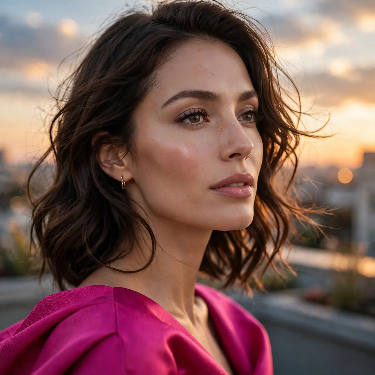 Bold colored dress rooftop sunset