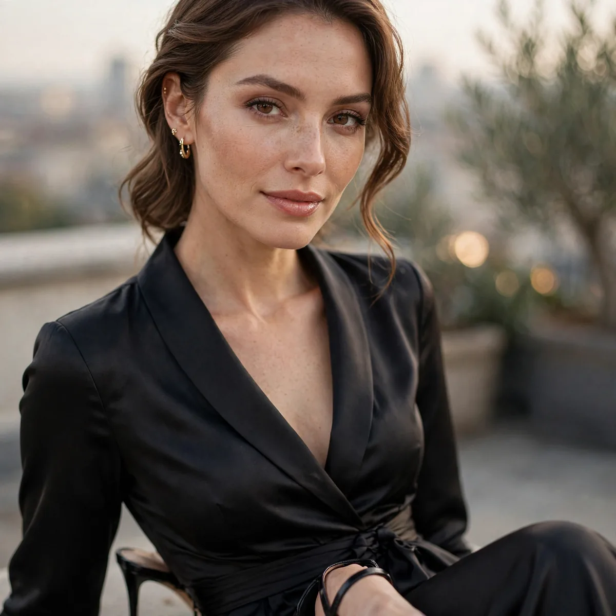 Dressy jumpsuit with heels rooftop