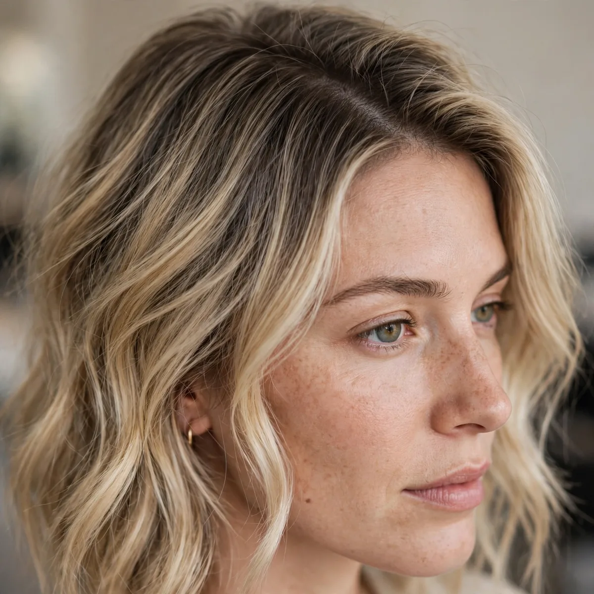 Ash brown root shadow on blonde hair