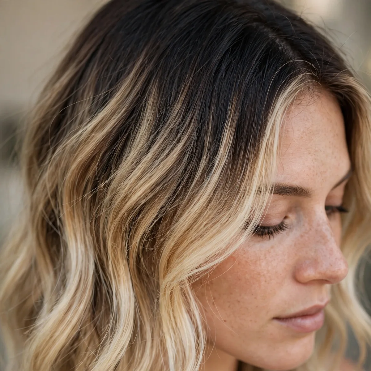 Smoky dark root melted into blonde hair