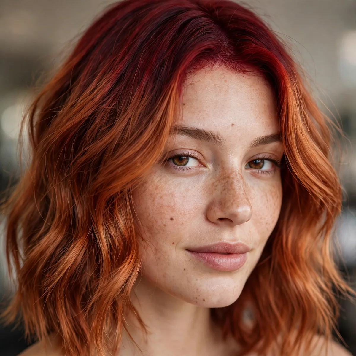 Deep red root melt on copper hair