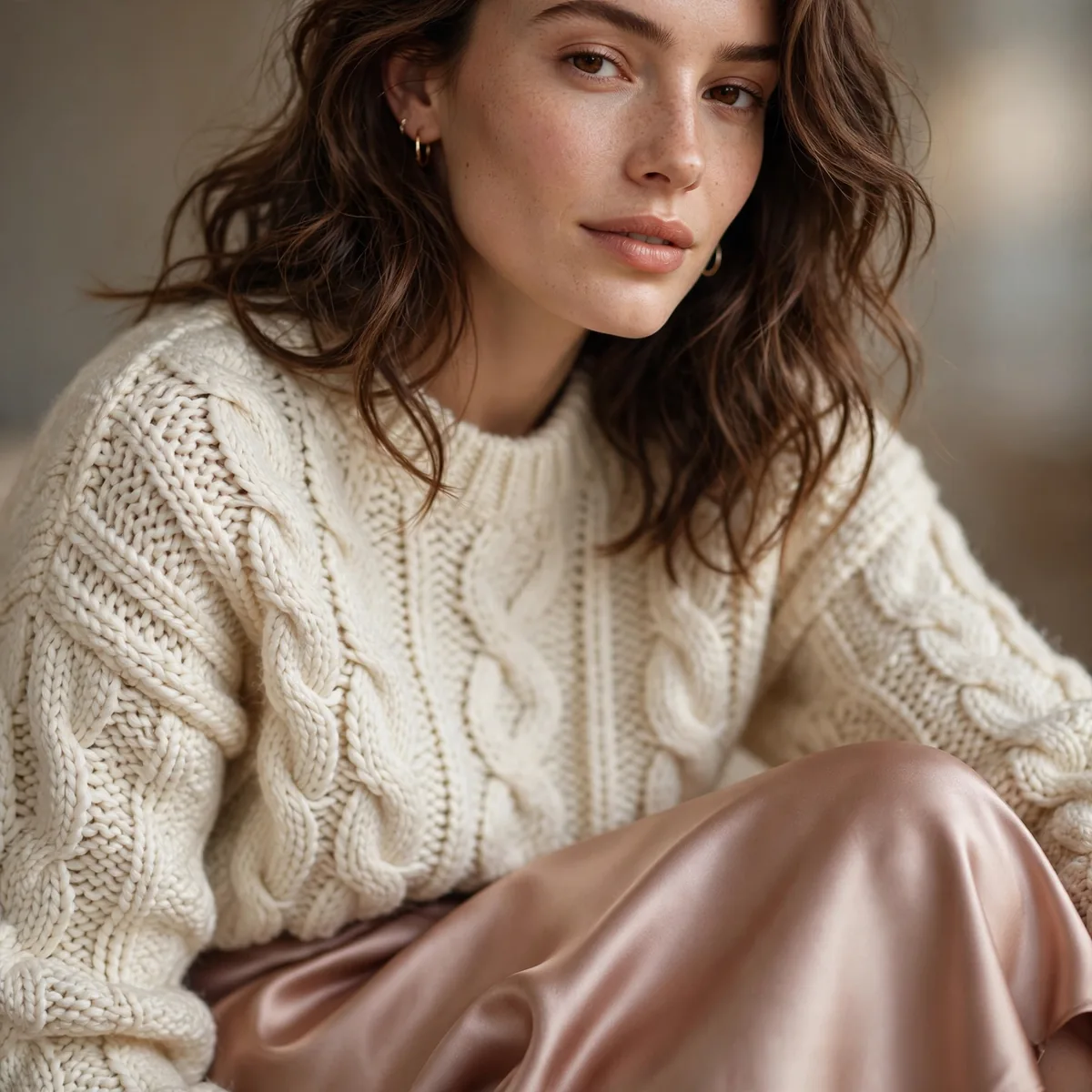 Chunky knit sweater with satin midi skirt