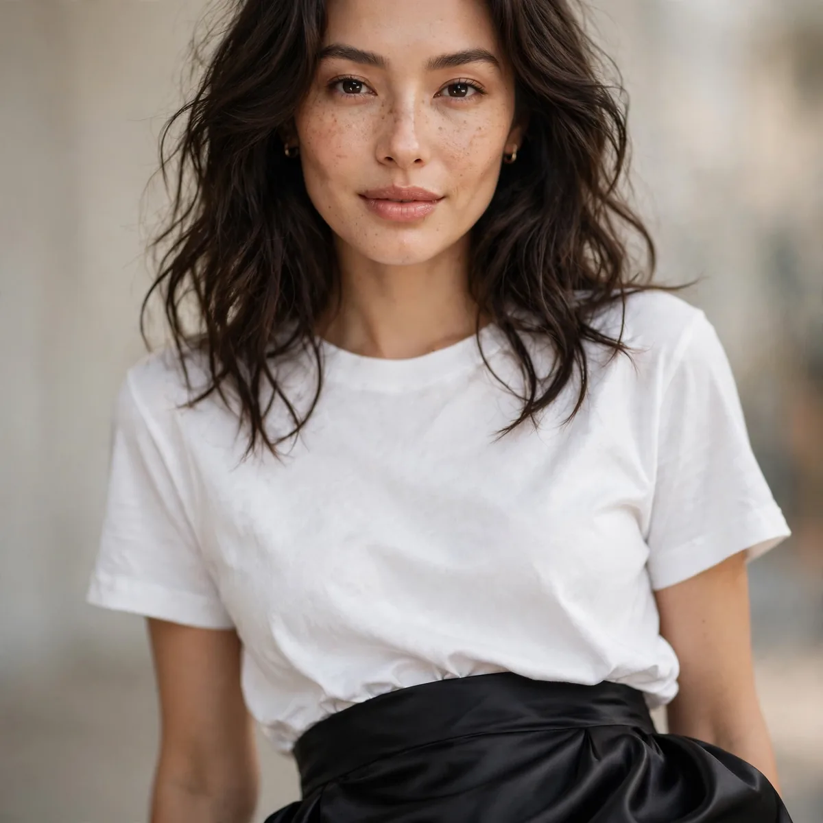 White t-shirt with black satin skirt