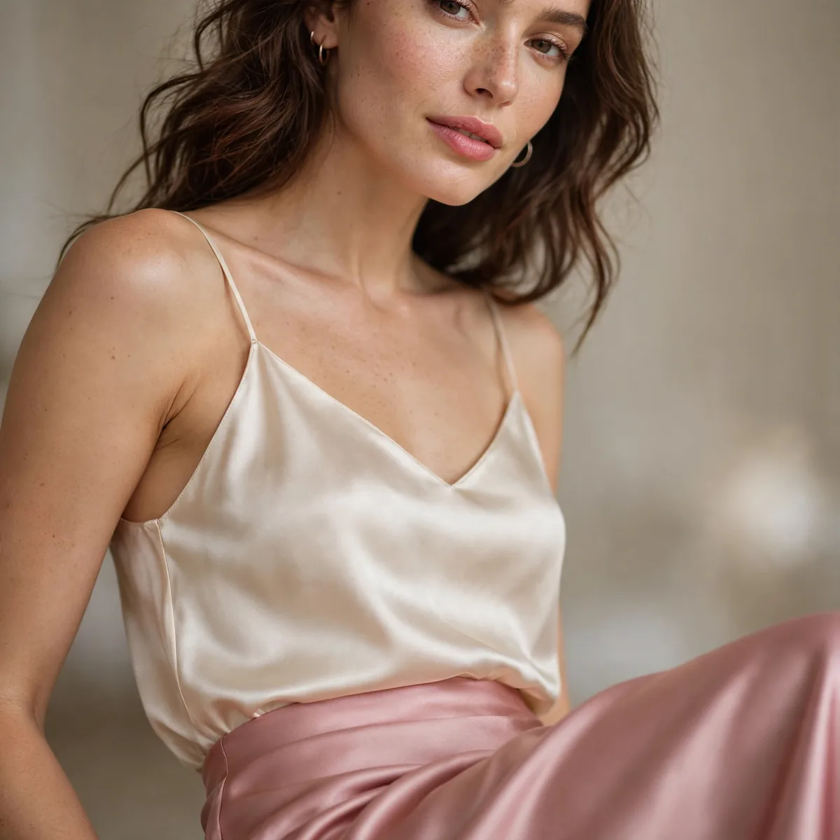Silk camisole with satin midi skirt