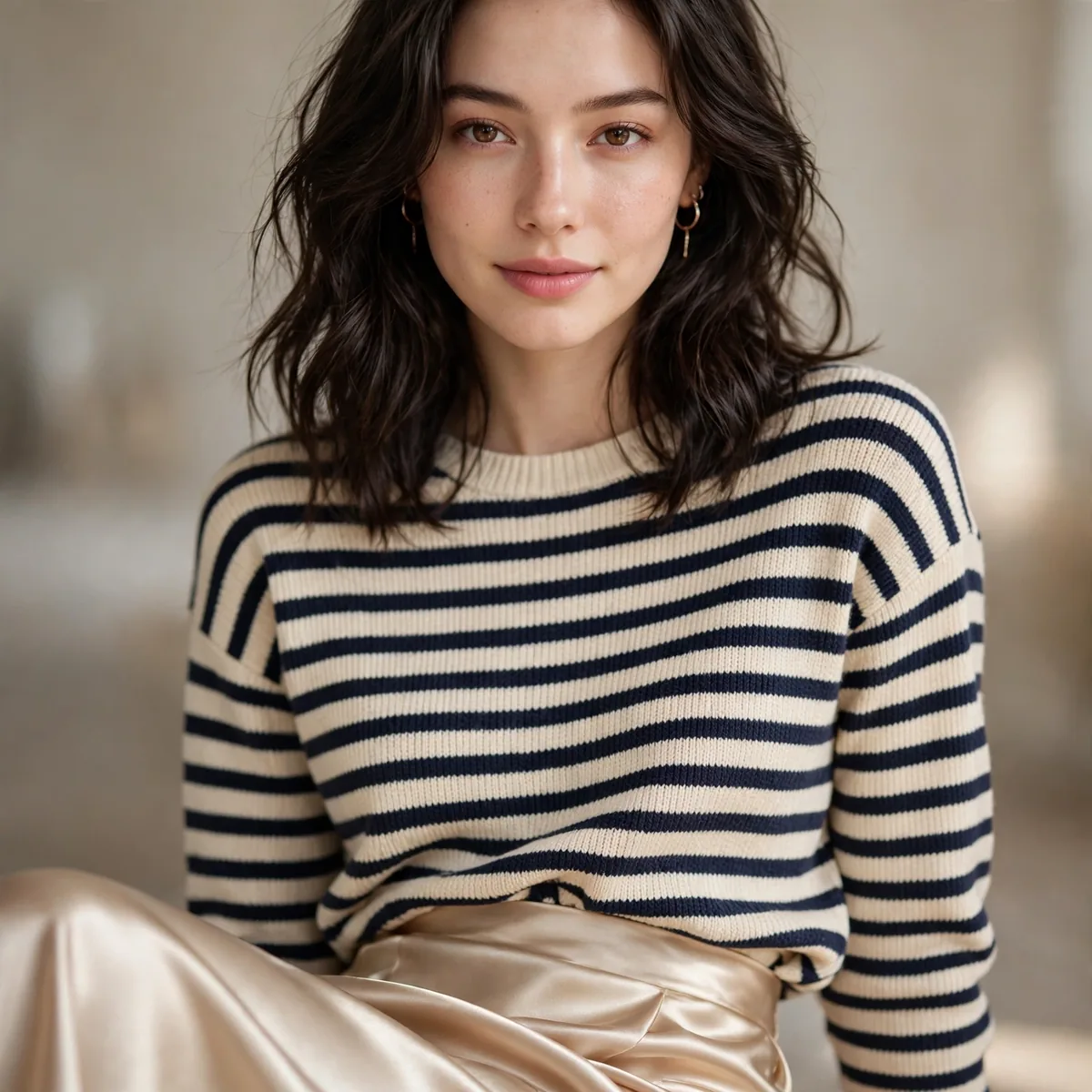 Striped sweater with champagne satin skirt