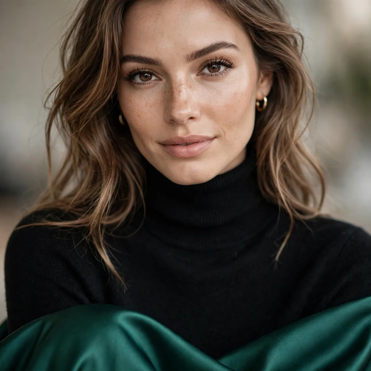 Black turtleneck with emerald satin skirt