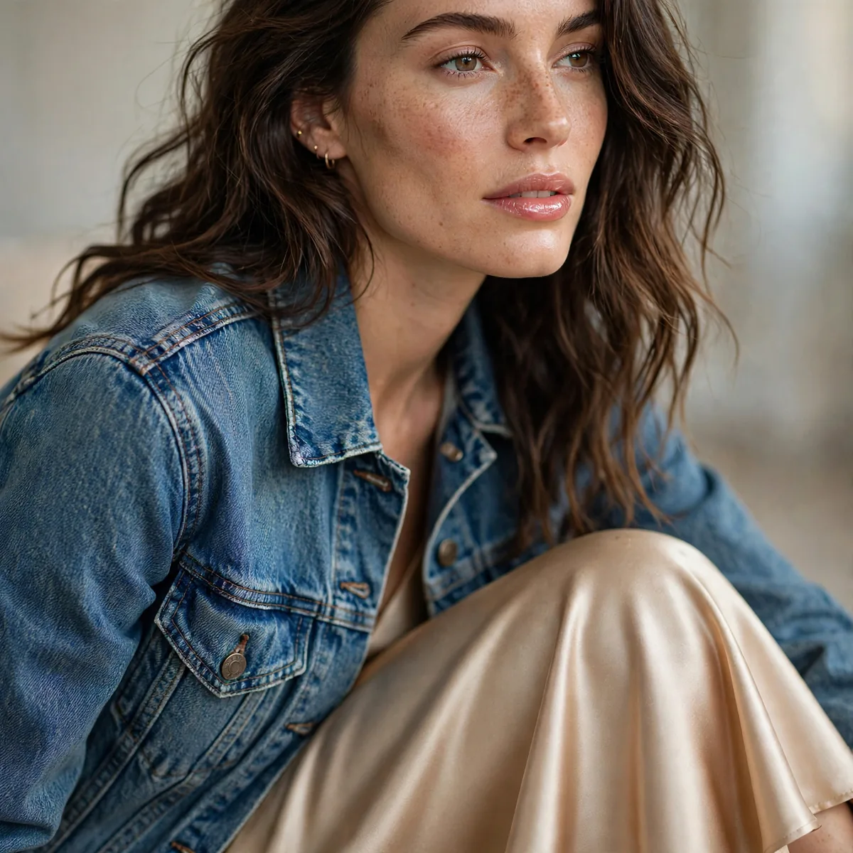 Denim jacket with satin midi skirt