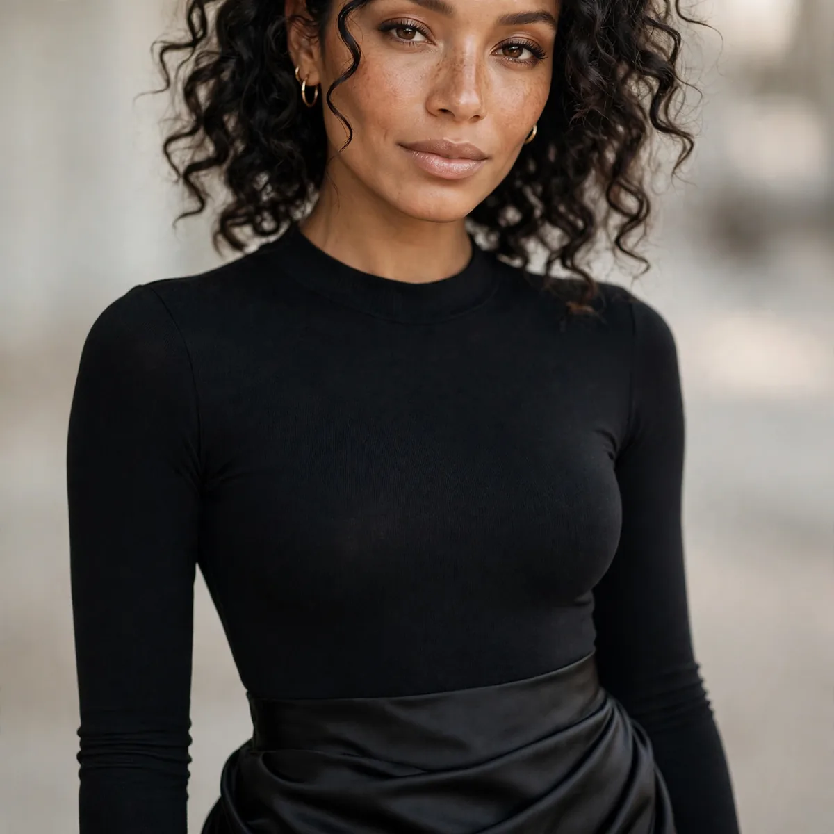 Black bodysuit with satin skirt