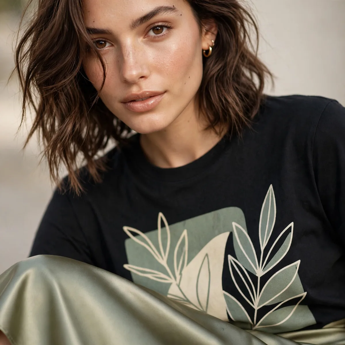 Graphic tee with satin midi skirt