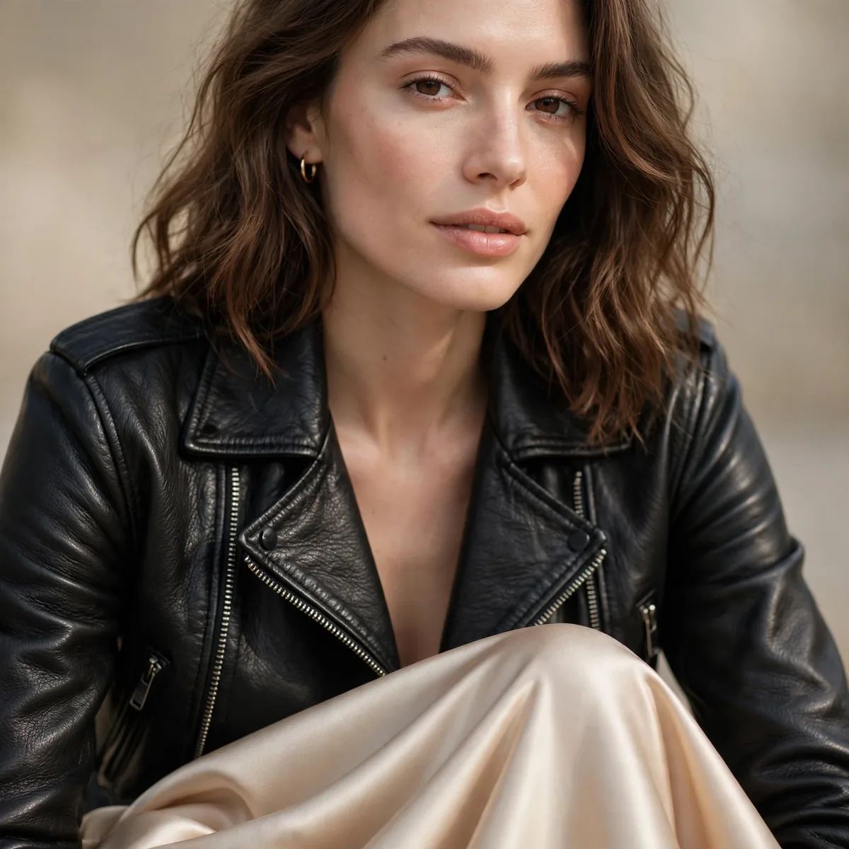 Leather jacket with champagne satin skirt