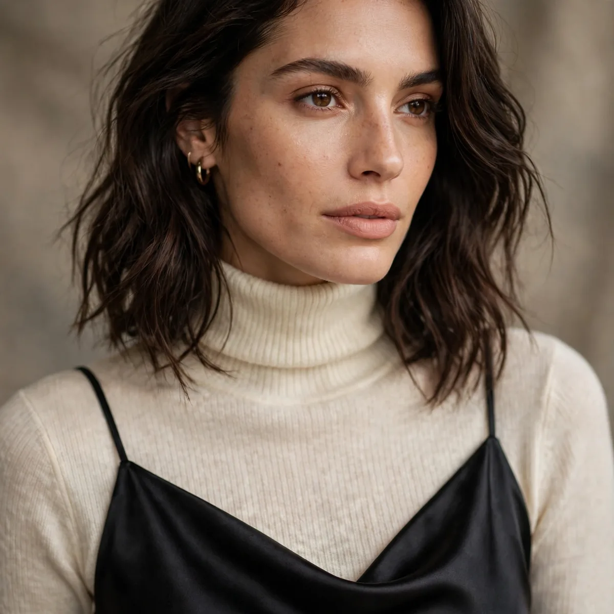 Satin slip dress over turtleneck