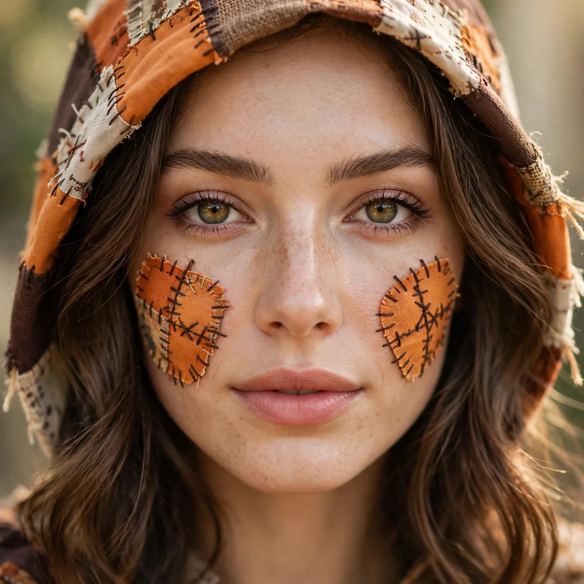 Woman wearing classic patchwork scarecrow with stitched patchwork cheeks in warm orange, photographed in soft natural light