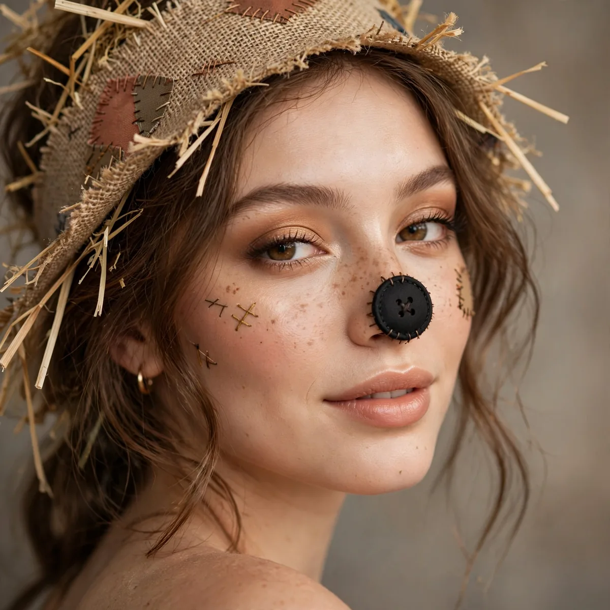 Three-quarter view of cute button-nose scarecrow with a round black button nose under studio lighting