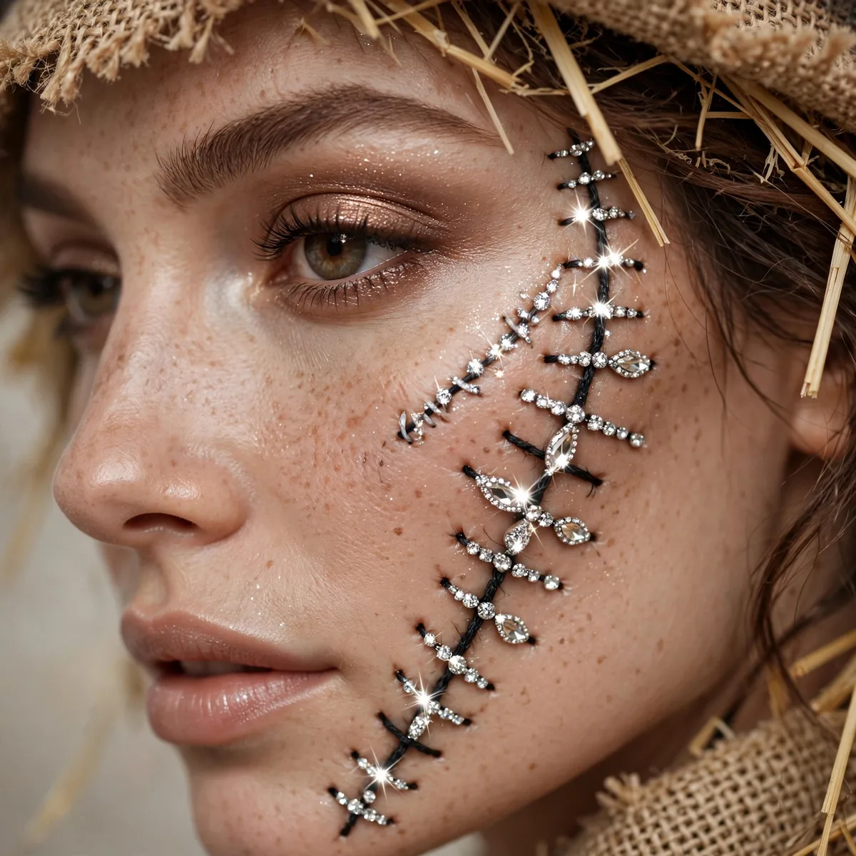 Close-up of glam rhinestone scarecrow showing sparkling rhinestones along the cheek stitches, flawlessly blended