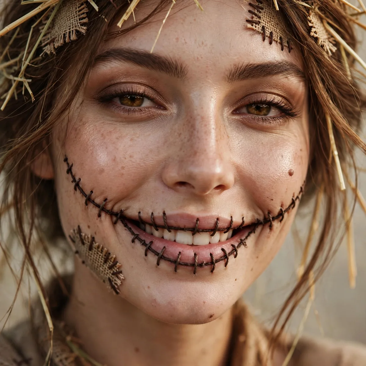 Beauty close-up of stitched smile scarecrow highlighting an extended stitched smile in dark brown and skin finish
