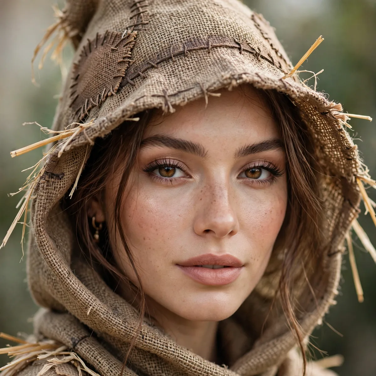 Woman wearing vintage burlap scarecrow with a textured burlap-tone base, photographed in soft natural light