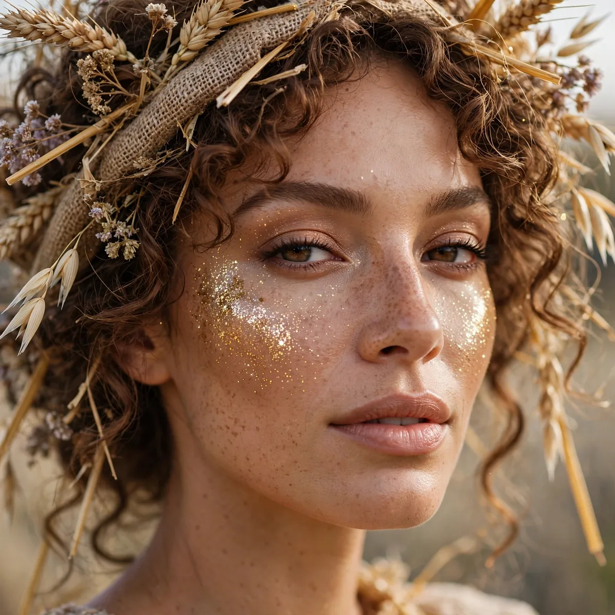 Woman with glitter harvest scarecrow, fine gold glitter on the cheekbones clearly visible in daylight