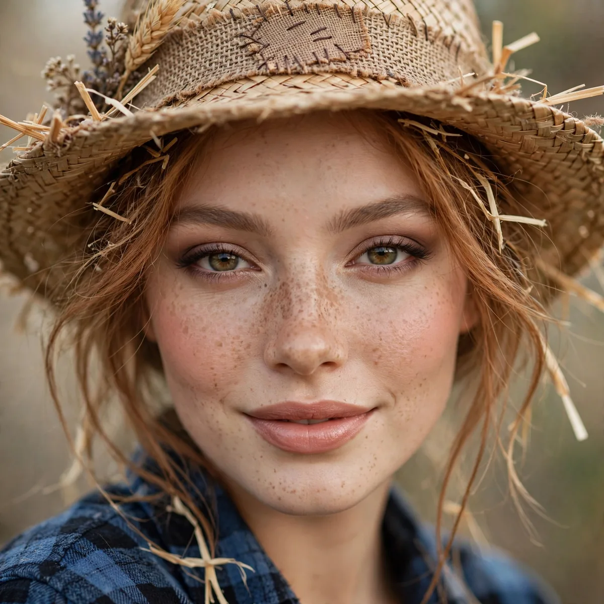 Woman with freckled country scarecrow, hand-dotted freckles across the nose clearly visible in daylight