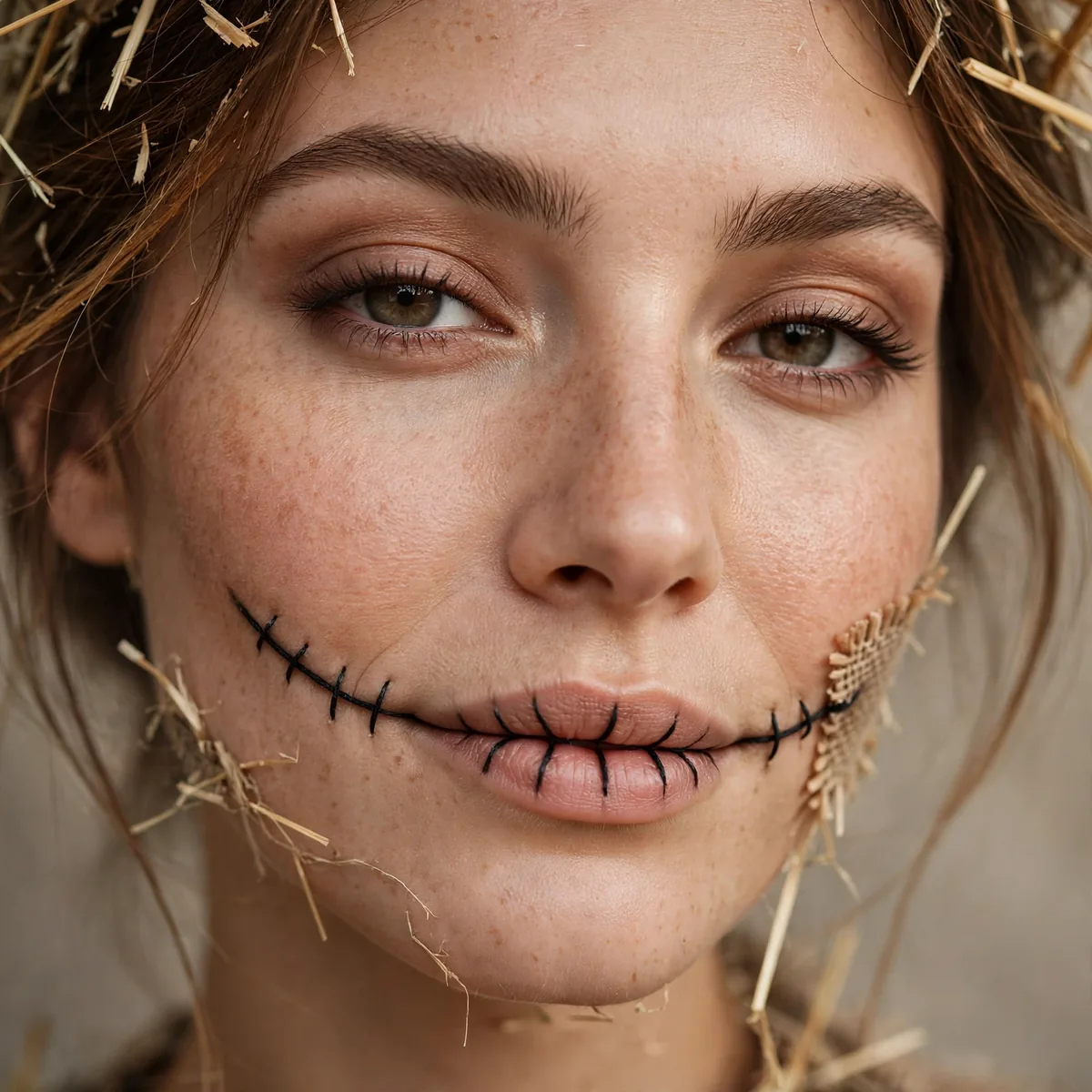 Close-up of easy last-minute scarecrow showing a five-minute stitched smile, flawlessly blended