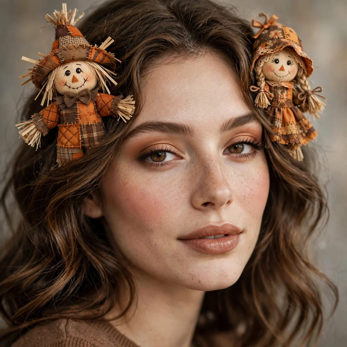 Portrait of woman with scarecrow couple duo featuring matching patchwork designs and complementary orange and brown tones