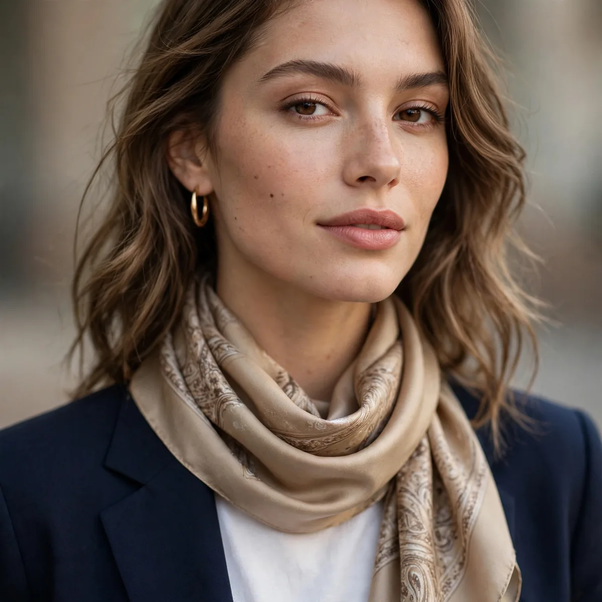 Scarf draped elegantly around neck