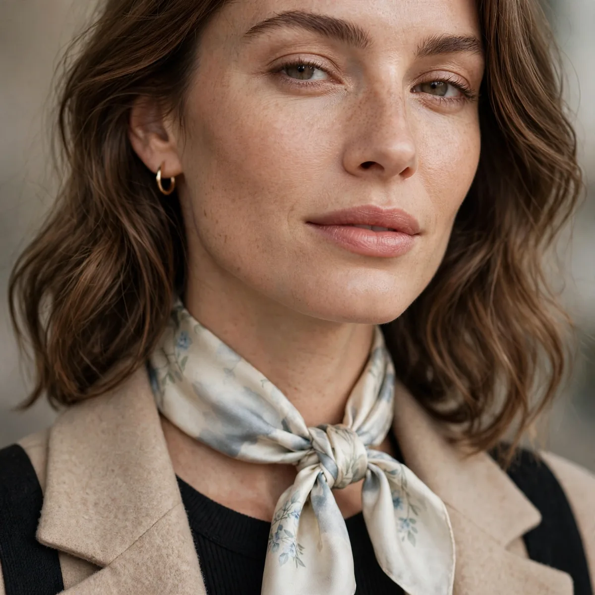 Silk neck scarf tied at neck