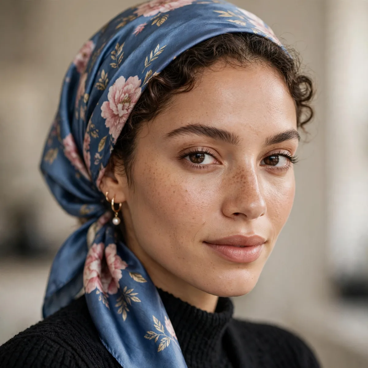 Silk scarf tied as headscarf