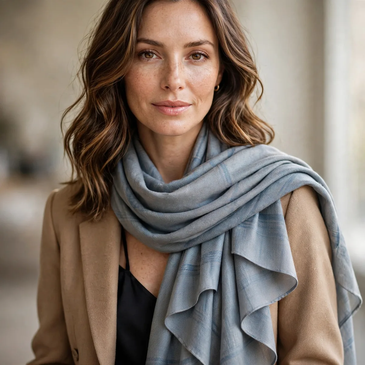 Scarf draped in waterfall style
