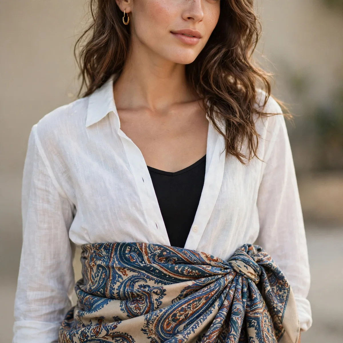 Large scarf worn as sarong