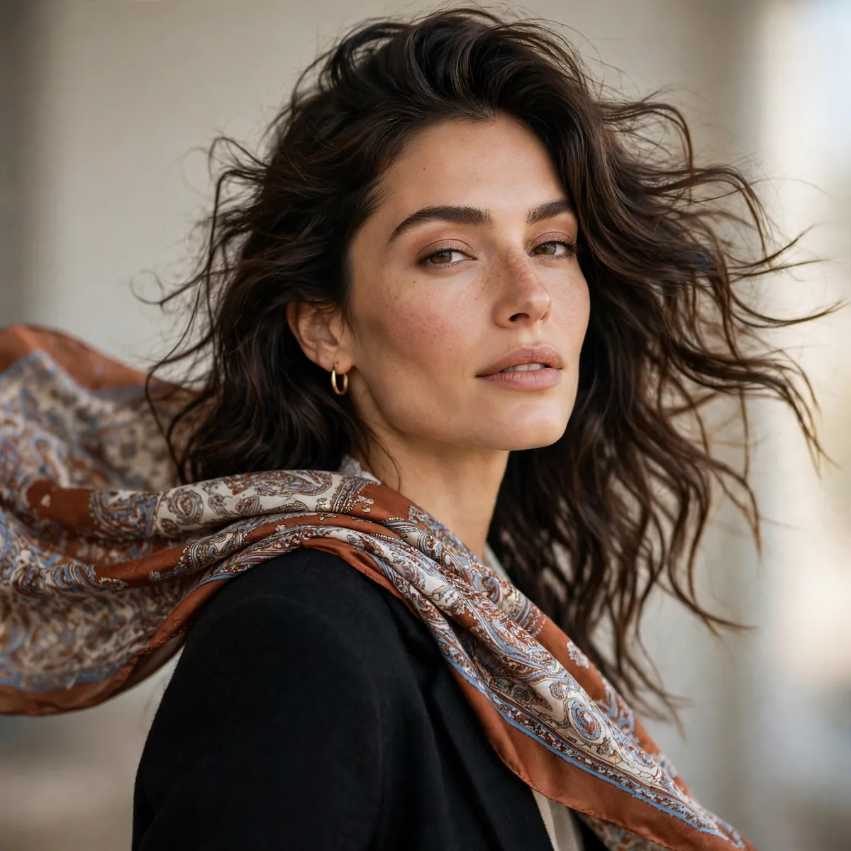 Scarf tossed back over shoulder