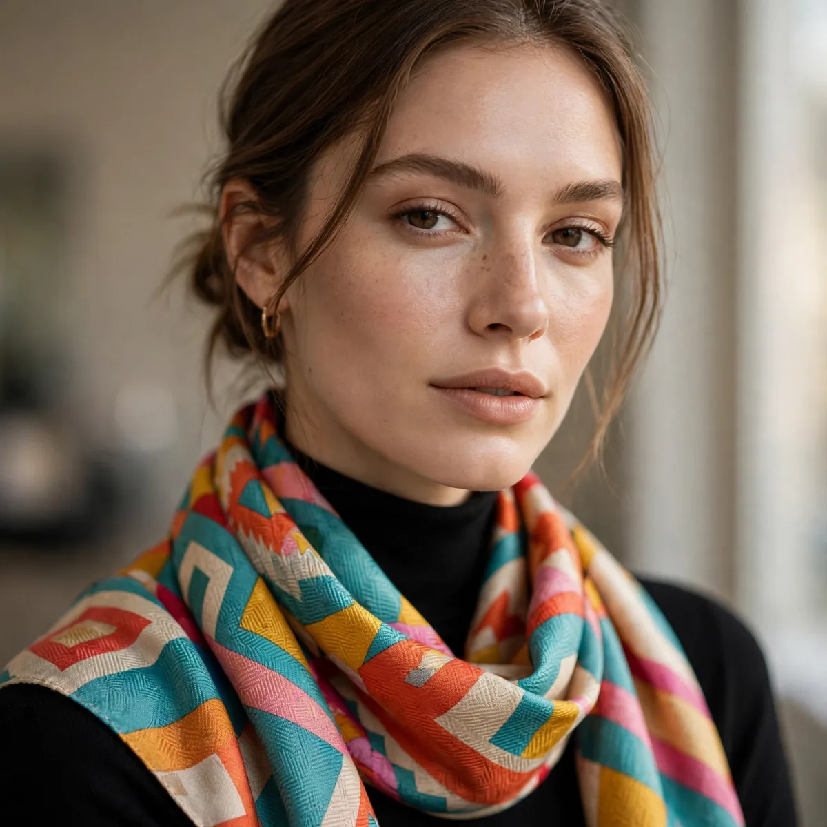 Colorful scarf with neutral outfit