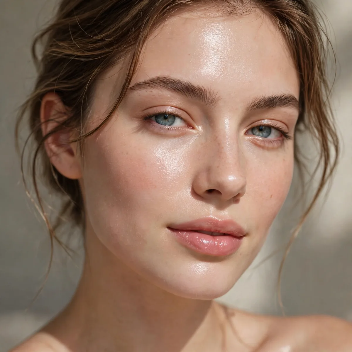 Woman wearing dewy fresh-faced look with a glass-like skin finish, photographed in soft natural light