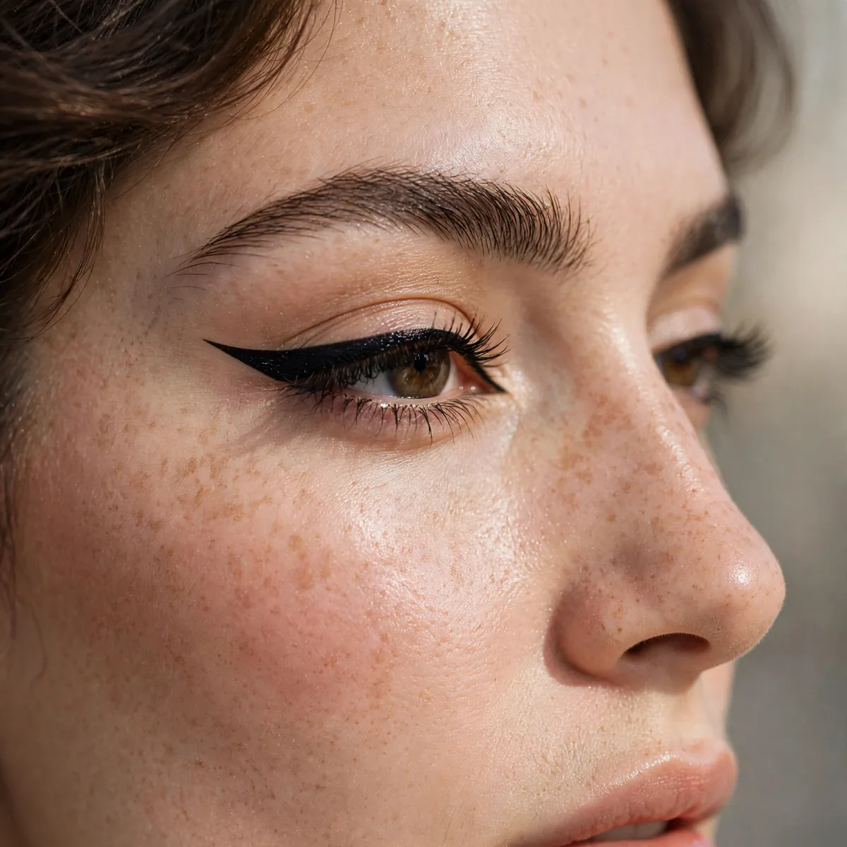 Woman with polished winged liner, a precise black wing clearly visible in daylight