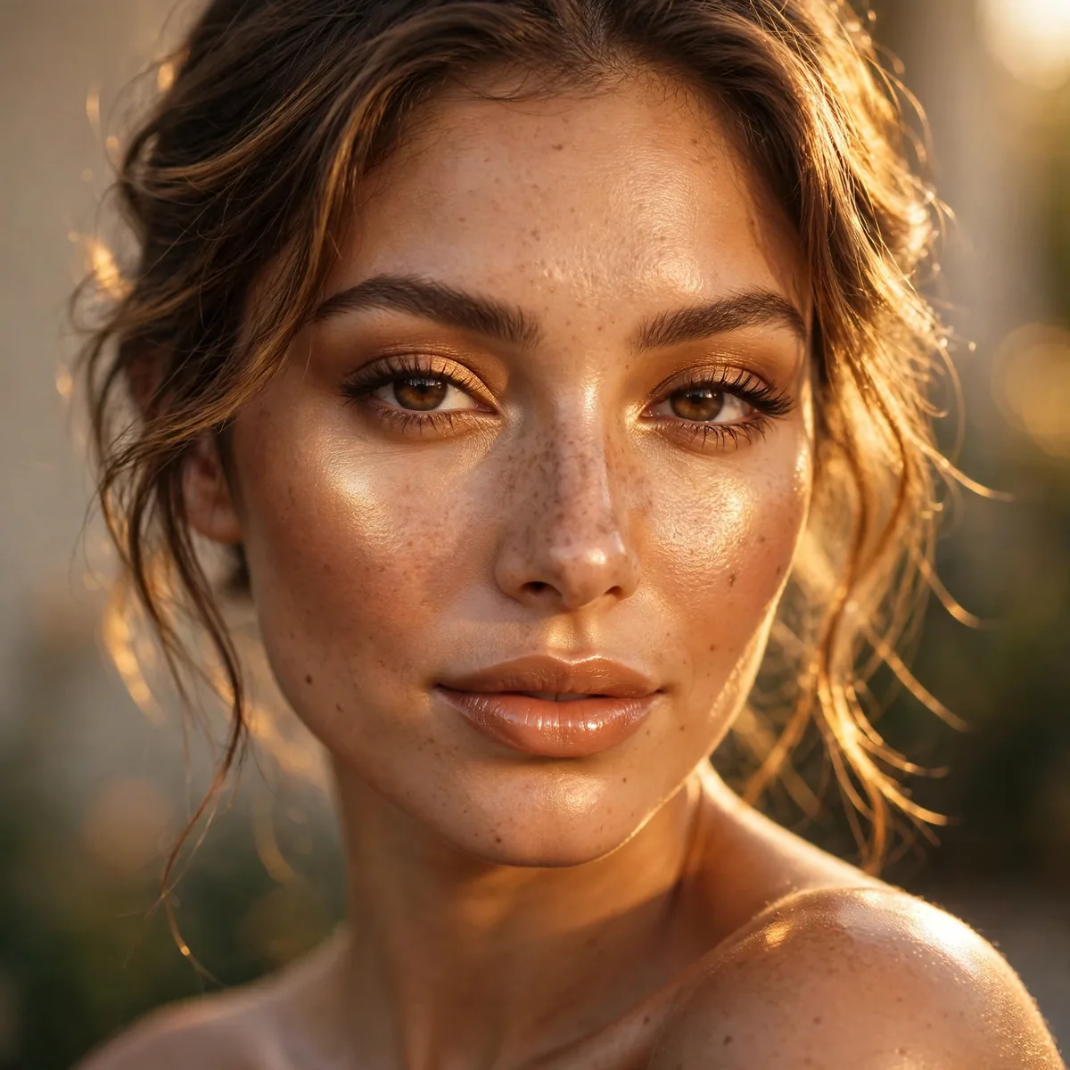 Portrait of woman with golden hour glow featuring warm golden highlighter and sun-kissed bronzer
