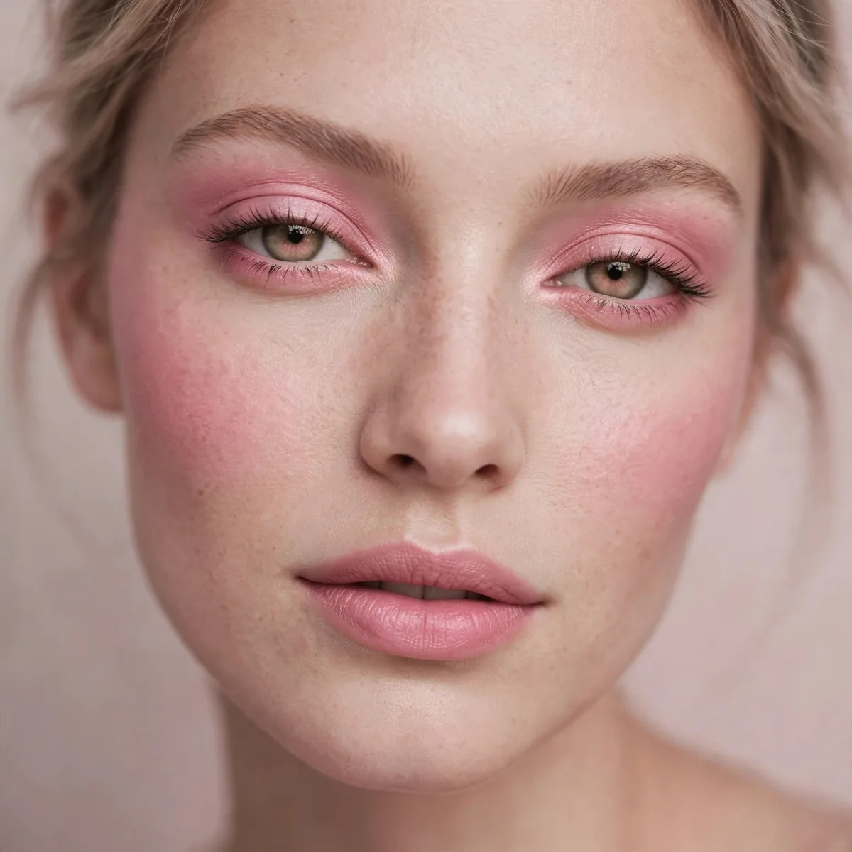 Portrait of woman with soft pink monochrome featuring matching pink eyes cheeks and lips and seamless tonal blending