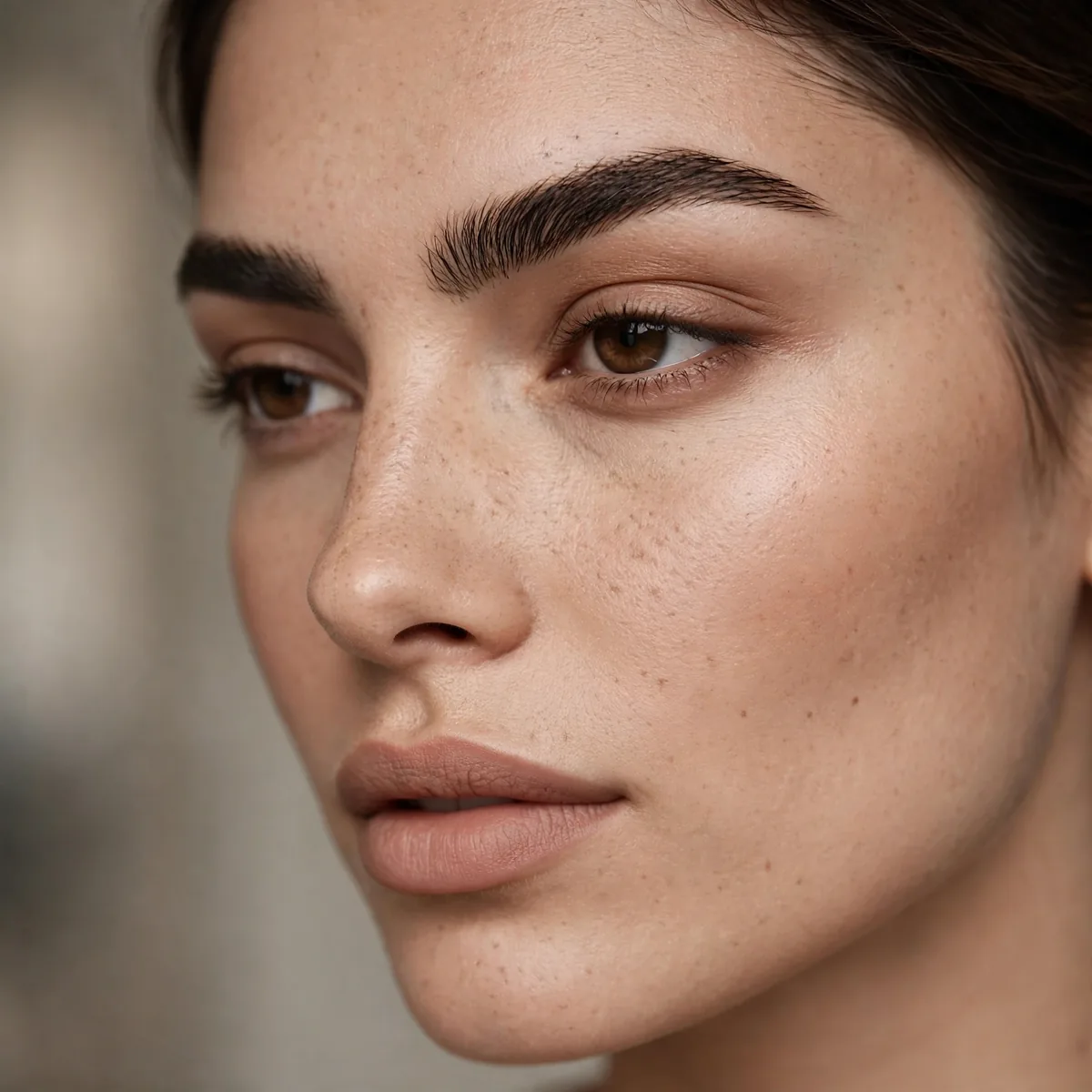 Three-quarter view of defined brows and nude lip with sculpted filled brows under studio lighting