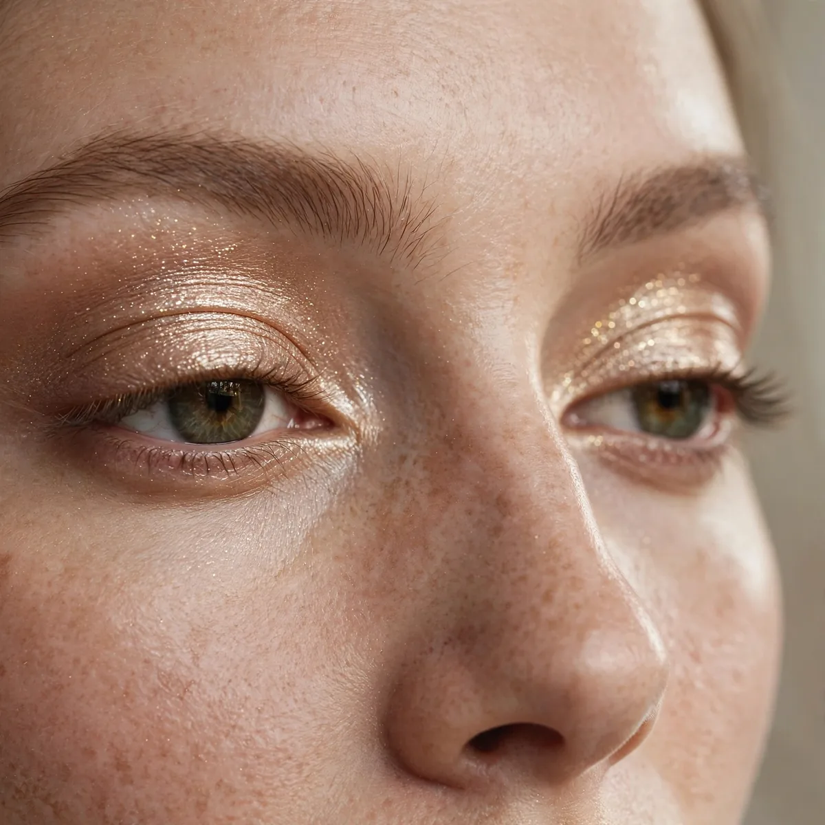 Close-up of champagne shimmer eyes showing champagne lid shimmer, flawlessly blended