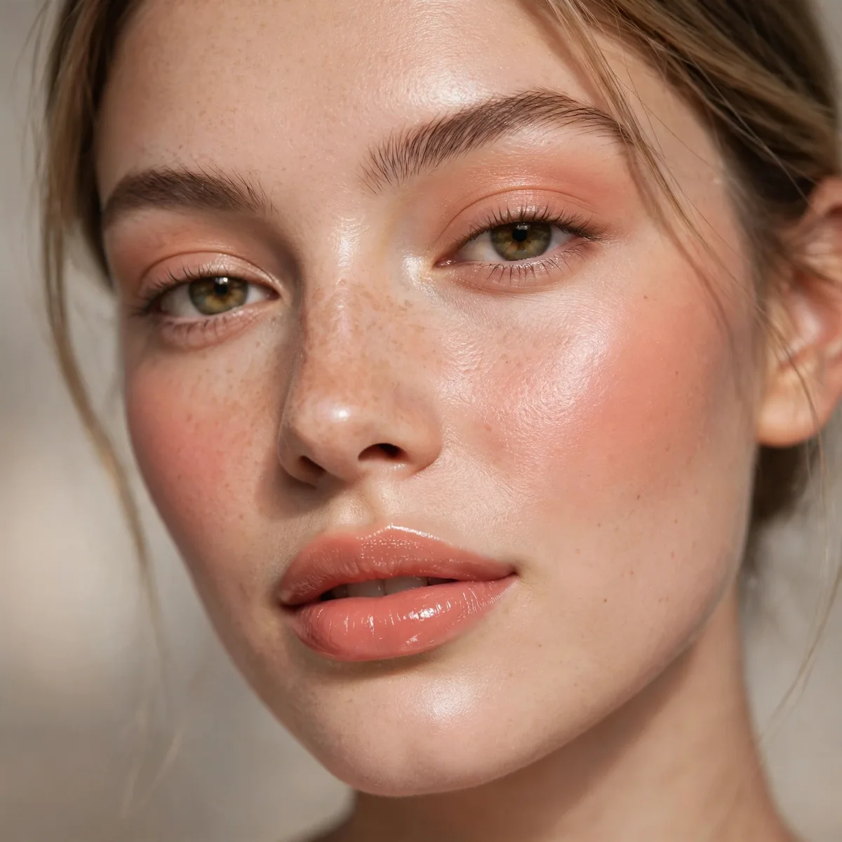 Beauty close-up of peach perfection look highlighting peachy blush and gloss and skin finish