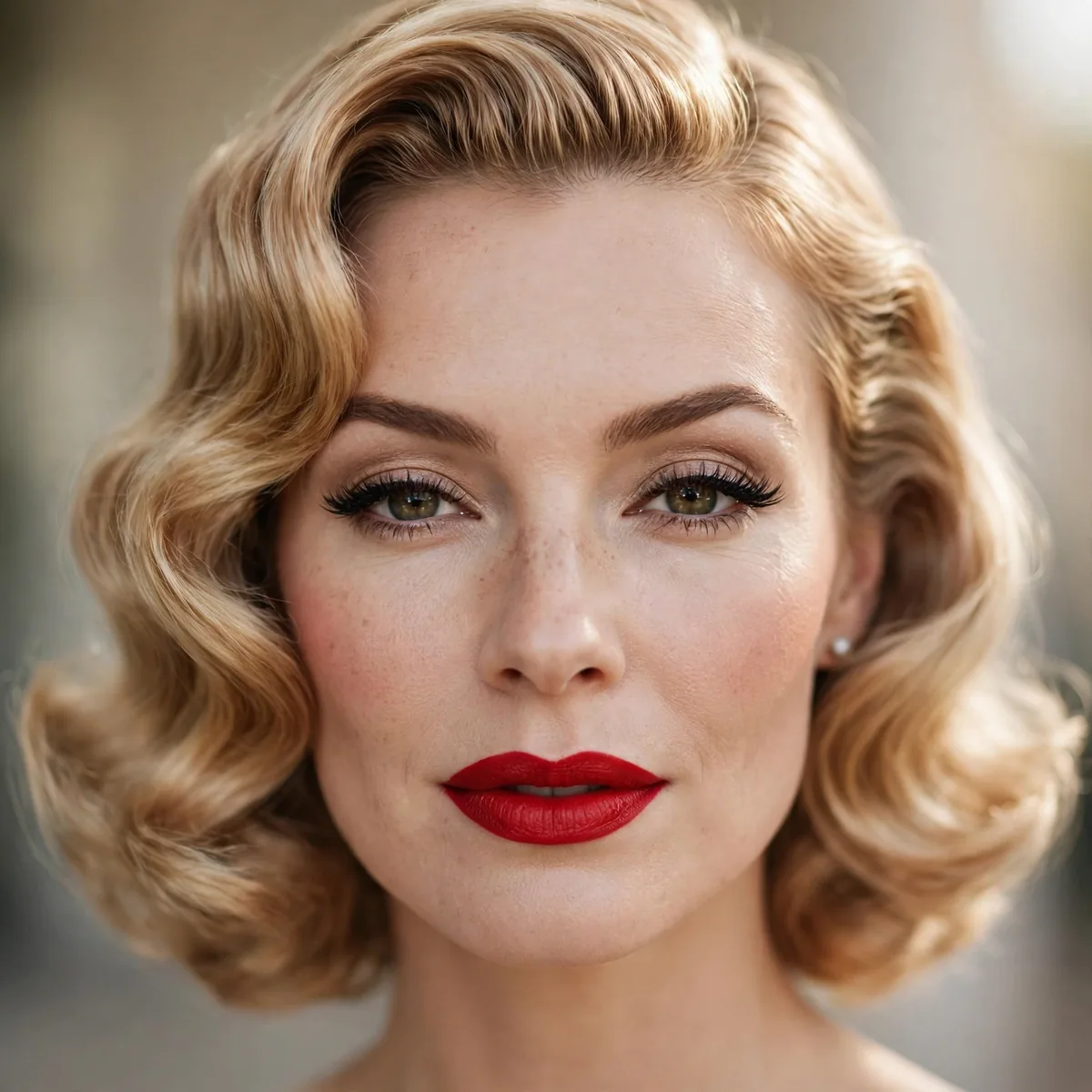 Woman with timeless hollywood glam, vintage waves paired with red lips clearly visible in daylight
