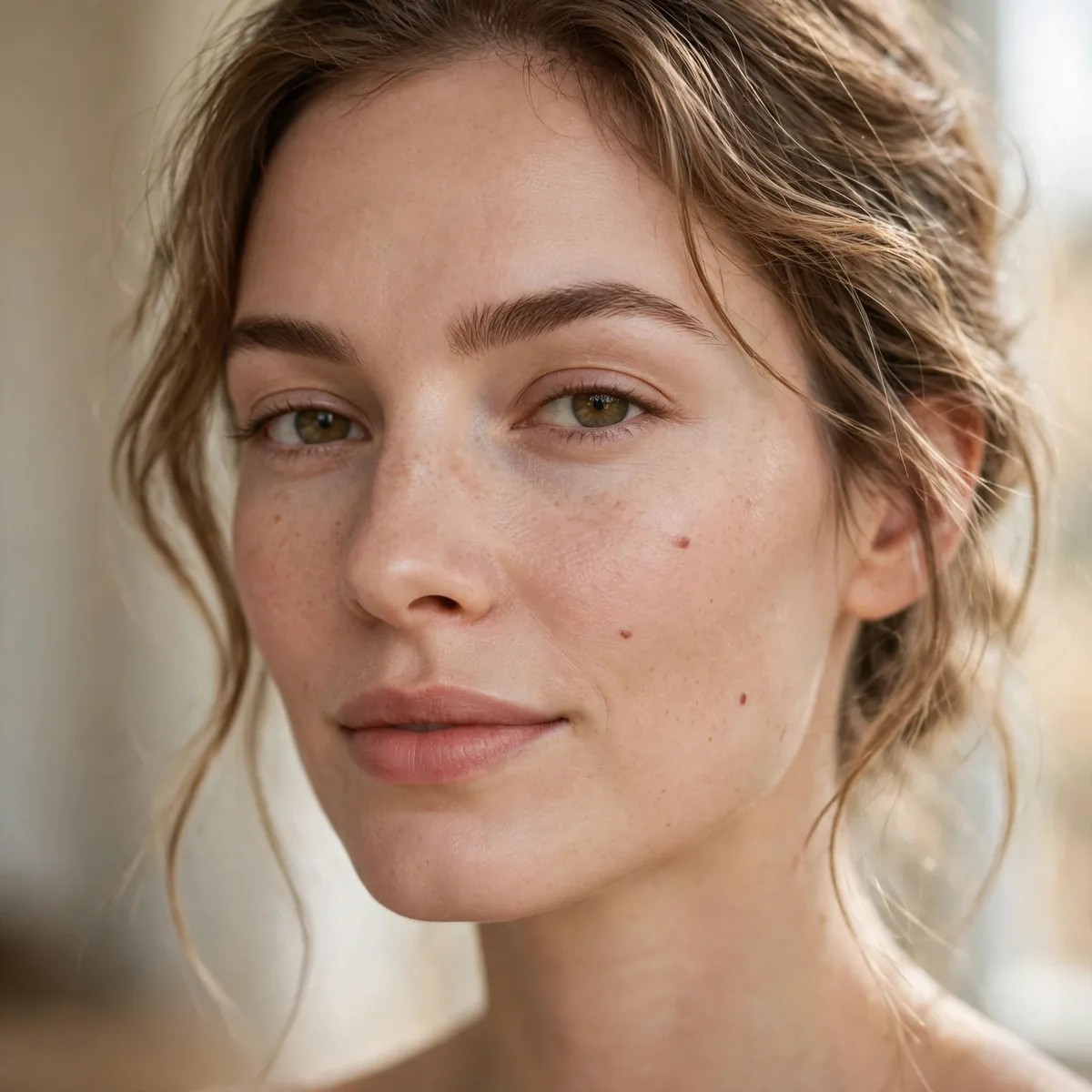 Woman wearing minimal no-makeup makeup with a sheer skin tint, photographed in soft natural light